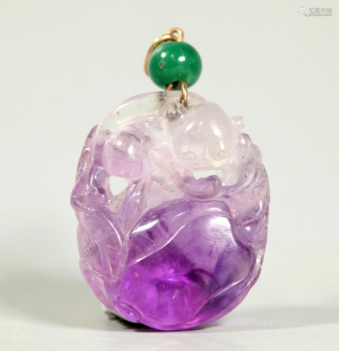 Chinese 19 C Amethyst Squirrel & Melon Pendant