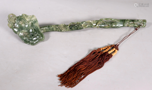 Chinese Qing Green Jade or Hardstone Ruyi Scepter