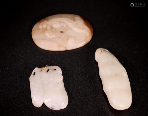 3 Old Chinese Carved White Jade Toggles