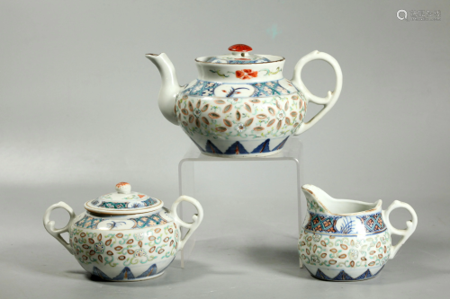 Chinese 19 C Qing Porcelain Teapot Set; Rice Grain