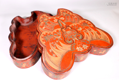 Chinese 19 C Red Lacquer Butterfly Box & Cover