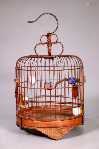 Chinese Bamboo Birdcage; 5 Porcelain Feeders