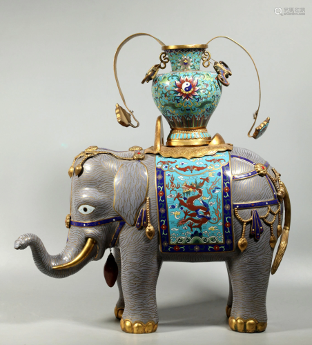 Lg Chinese Qing Cloisonne & Bronze Elephant …