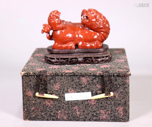 Chinese Carved Red Jasper Agate Seated Lion & Cub