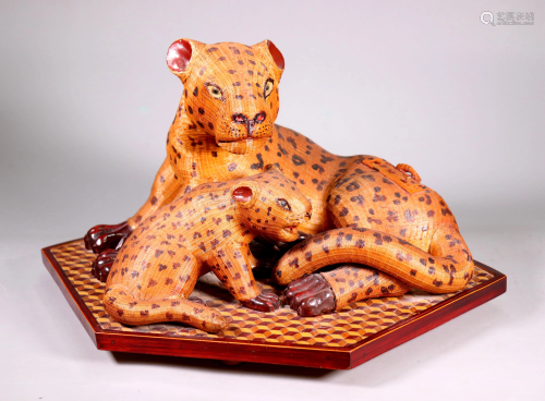 Chinese Woven Bamboo Leopard & Cub on Stand