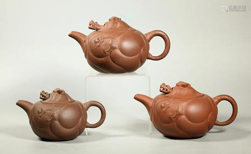 3 Chinese Yixing Dragon and Carp Teapots