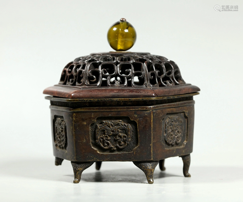 Chinese 17 C Bronze Hexagon Incense Burner