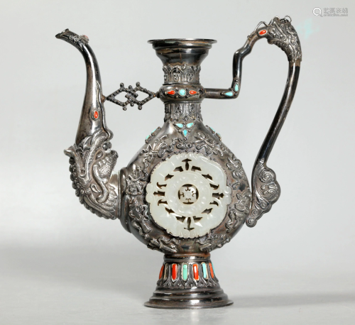 Chinese Qing Silver Ewer; Jade Coral Turquoise
