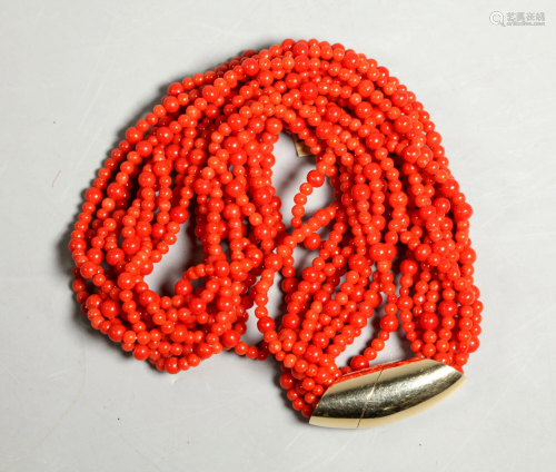 Dark Coral 10 Strand Bead Necklace; 14K Closure