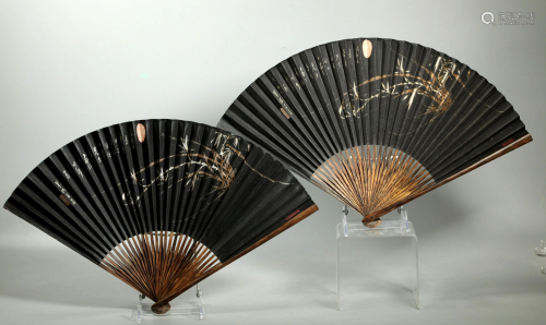 Pair Chinese Qing Dynasty Gold & Silver Ink Fans