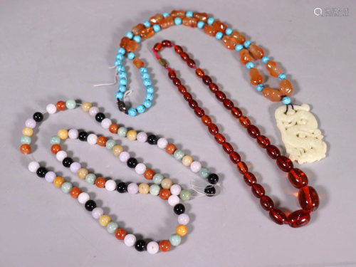 3 Chinese Bead Necklaces Amber Jadeite Car…