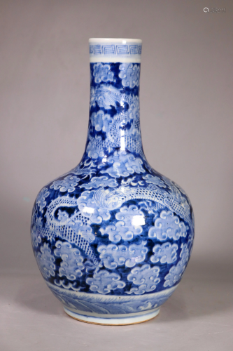 Chinese 19 C Blue & White Dragon & Cloud Vase