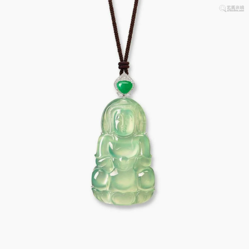 Natural Icy Apple Green Jadeite Guanyin Pendant