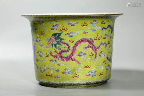 Chinese 19 C Five Dragon Yellow Porcelain Planter