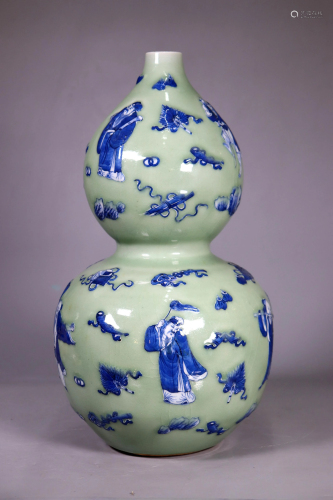 Chinese 19 C Blue & Celadon Gourd Porcelain Vase