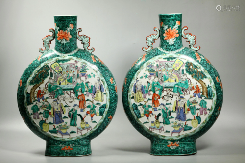 Pr Lg Chinese Qing Verte Porcelain Moon Vases