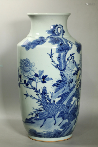 Chinese Blue & White Deer Crane Porcelain Vase 25