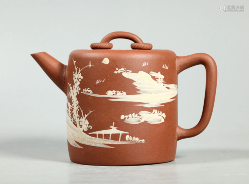 Chinese 19 C Yixing Teapot; Slip Landscape