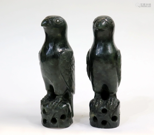 Pair Chinese 19 C Green Jade Parrots on Rocks