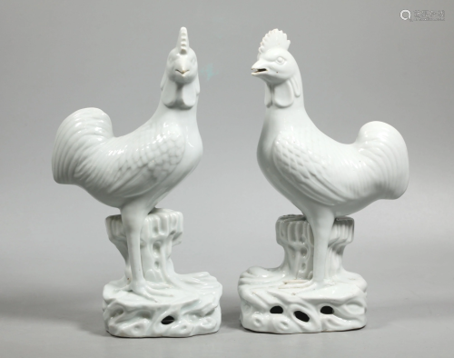 Pr Chinese Blanc de Chine Porcelain Chickens