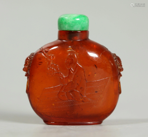 Chinese 19 C Carved Amber Snuff Bottle Jadeite Top