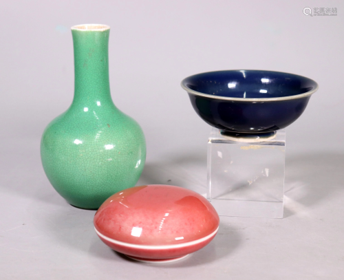 3 Chinese Monochromes Green Vase Blue Bowl Red Box