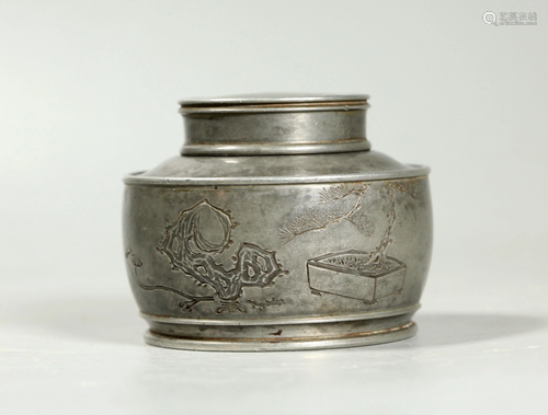 Fine Chinese 18/19 C Carved Pewter Tea Caddie