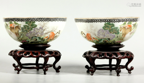 Pr Chinese Eggshell Porcelain Horse Bowls