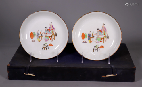 Pair Chinese Enameled Porcelain Scholar's Plates