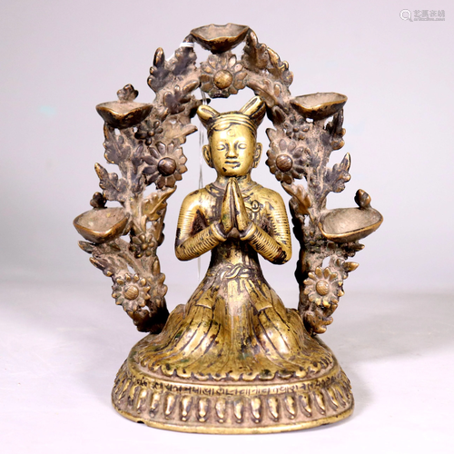 Tibetan 19 C Bronze Praying Acolyte & 5 Lamp Arch