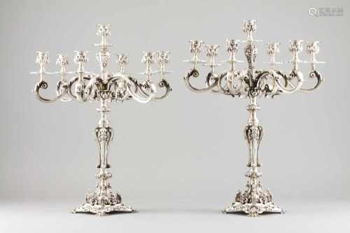 A pair of large seven branch candelabra