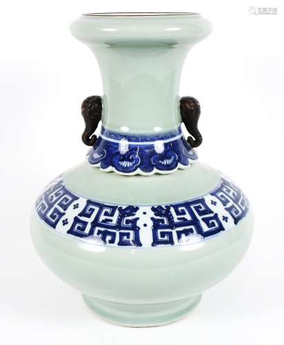 A large celadon and blue and white vase 19th century