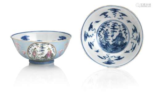 A pair of famille rose blue-ground 'medallion' bowls Bearing Daoguang seal marks but later (5)