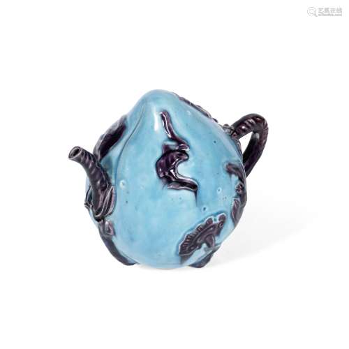 A turquoise and aubergine-glazed peach-form 'Cadogan' teapot 19th century