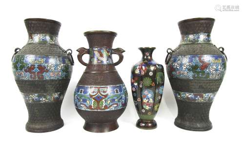 A pair of bronze and enamel vases, hu, a single example similar and a Japanese cloisonné enamel v...