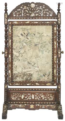 A mother-of-pearl inlaid hongmu floor screen with embroidered panel 19th century