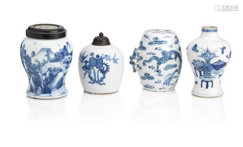 Three blue and white vases and one drum-shaped vessel Qing Dynasty (6)
