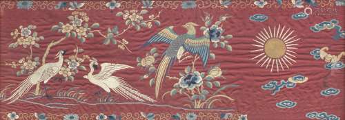 A red silk-ground embroidery of birds Qing Dynasty, 18th/19th century