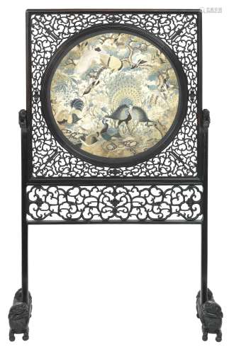 A hardwood screen with silk embroidered panel of birds 19th century