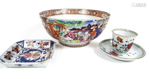 A famille rose punch bowl, an Imari dish and tea bowl and saucer 18th century