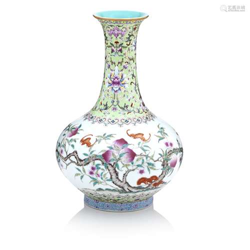 A famille rose 'nine peaches vase' Bearing a Qianlong seal mark but Republic period