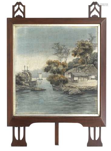 A cut and painted velvet landscape mounted within a European Secessionist fire screen Circa 1900