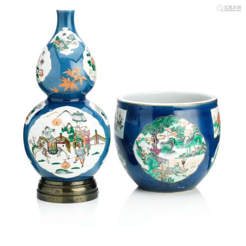 A double gourd-shaped powder-blue vase and similar jardinière Both 19th century (2)