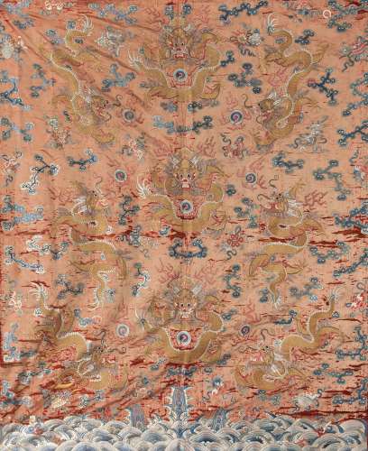 An apricot silk-embroidered 'nine dragons' hanging Late Qing Dynasty