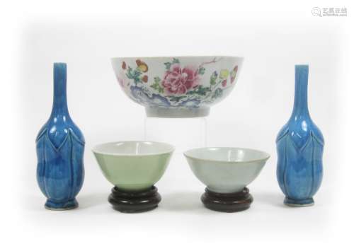 A famille rose bowl; together with a pair of turquoise-glazed vases and two celadon bowls (7)