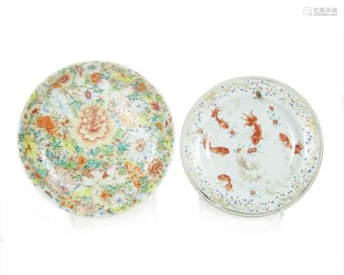 A millefiori saucer dish together with a famille rose plate (2)