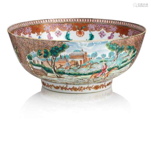 A famille rose European 'hunt scene' punch bowl 18th century