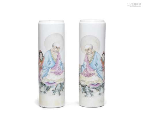 A pair of famille rose cylindrical vases Kun maker's marks, signed Wang Dafan, dated by inscript...