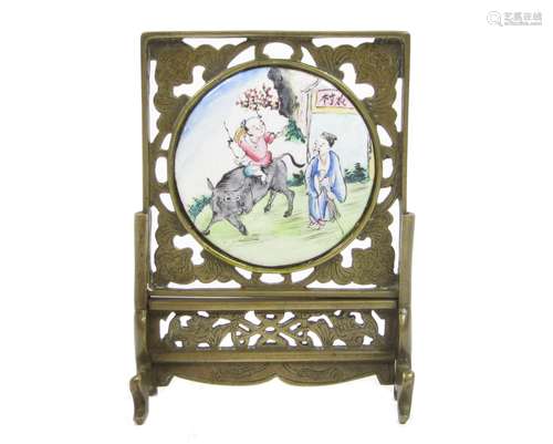 A bronze and Canton enamel small table screen Circa 1900