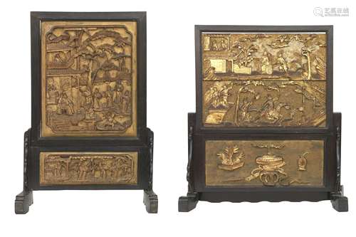 Two gilt-wood and lacquer table screens on stained-wood stands 19th century (4)